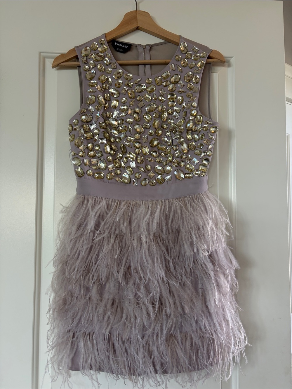 bebe Lilac Feather Hem Dress with Gold Gem Bodice